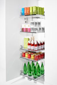 tall kitchen storage, pull out cabinet with shelving